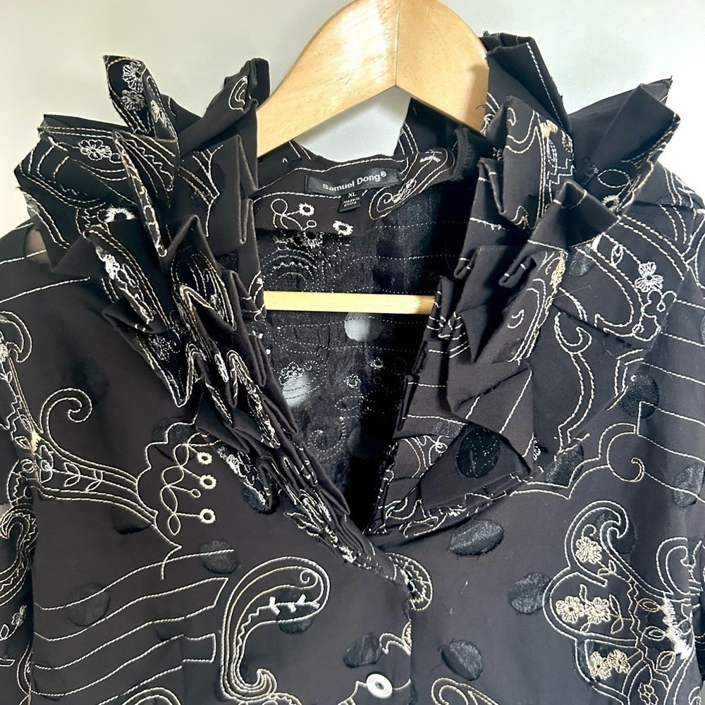 Samuel Dong Ruffled neck Button Jacket Artsy Textured Blouse - Picture 5 of 11